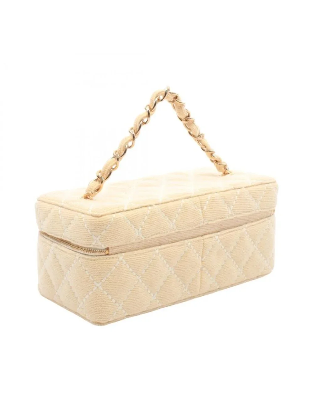 Chanel Handbag Wild Stitch Cream Canvas Quilted Chain Handle Vanity Bag